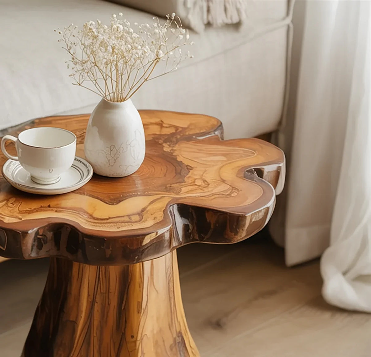 Live edge solid wood coffee table with natural finish, ceramic vase, and teacup in cozy living room