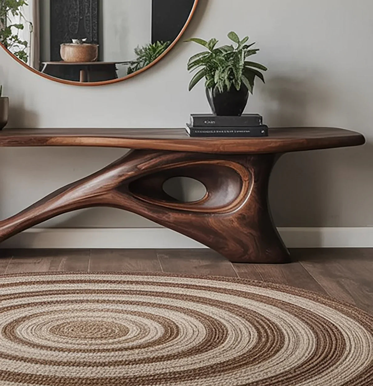 Sculptural solid wood live edge table with organic design, plants, and modern decor