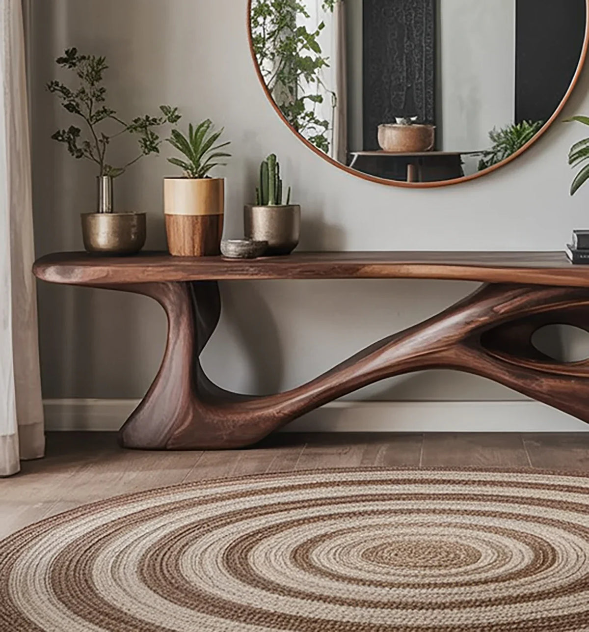 Organic live edge solid wood console table with sculptural base, potted plants, round mirror