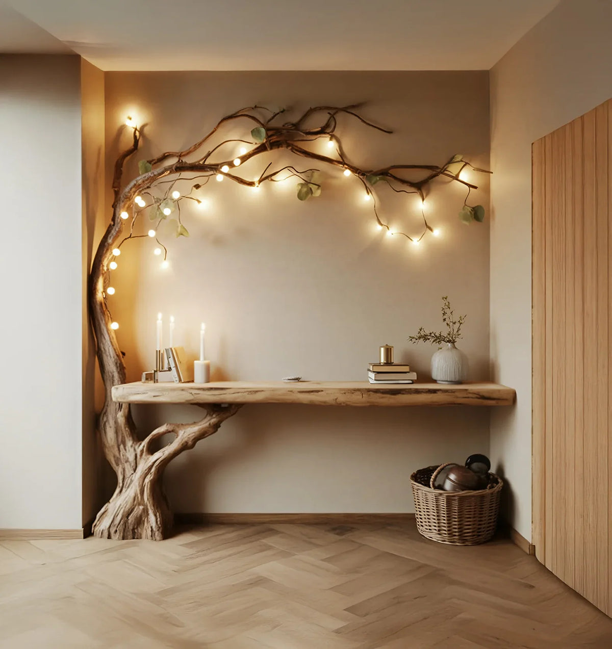 Live edge wood console table with tree branch shelf and warm string lights in modern entryway