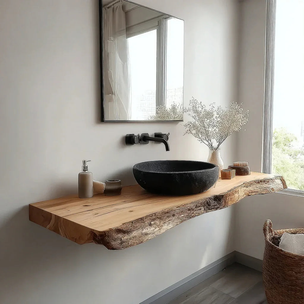 Modern bathroom with floating live edge wood vanity, black stone sink, wall faucet, and decorative vase