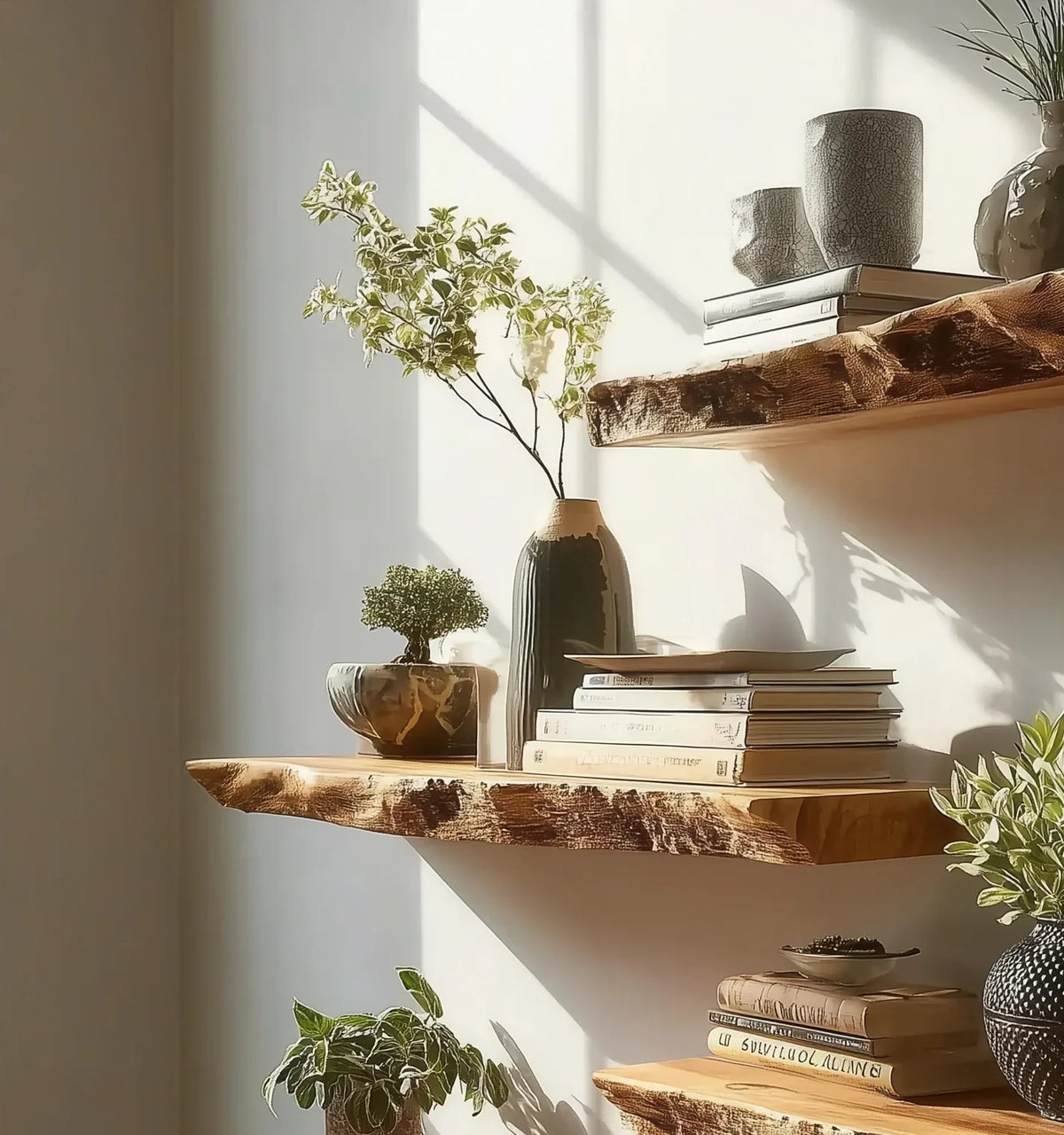 Sunlit rustic wooden shelves with green plants, stacked books, and ceramic vases in a cozy corner