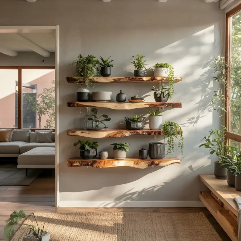 Four live edge floating wood shelves with potted plants in a bright, modern living room.