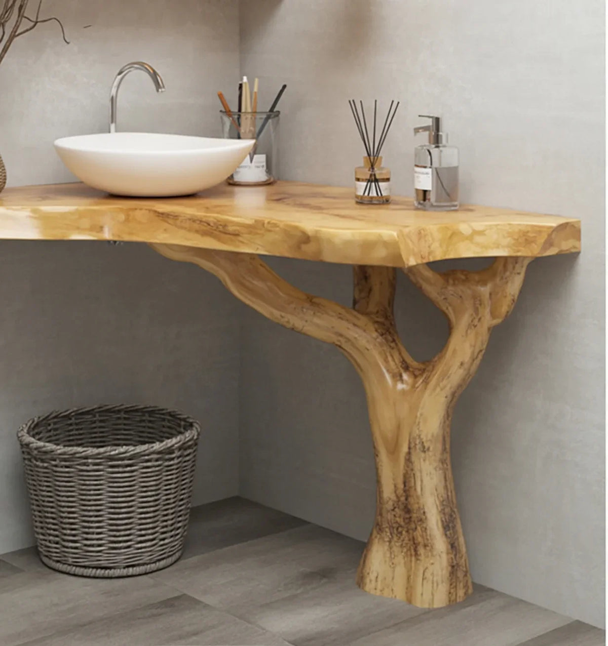 Solid wood live edge tree branch bathroom vanity with vessel sink and modern decor