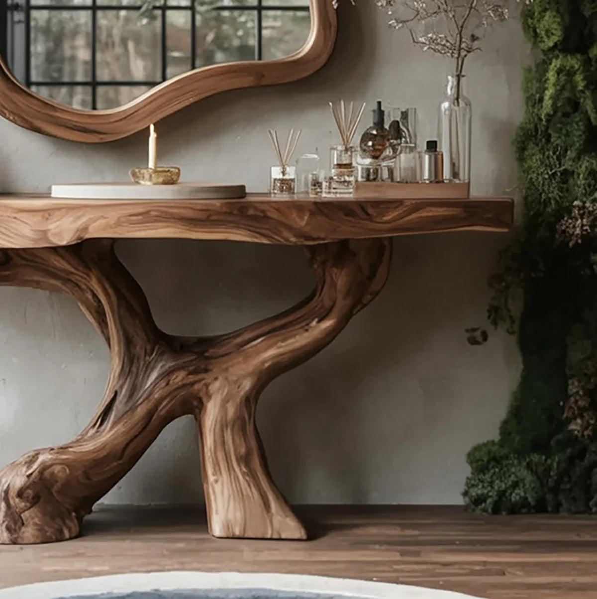 Live edge solid wood console table with natural tree branch base and decorative items