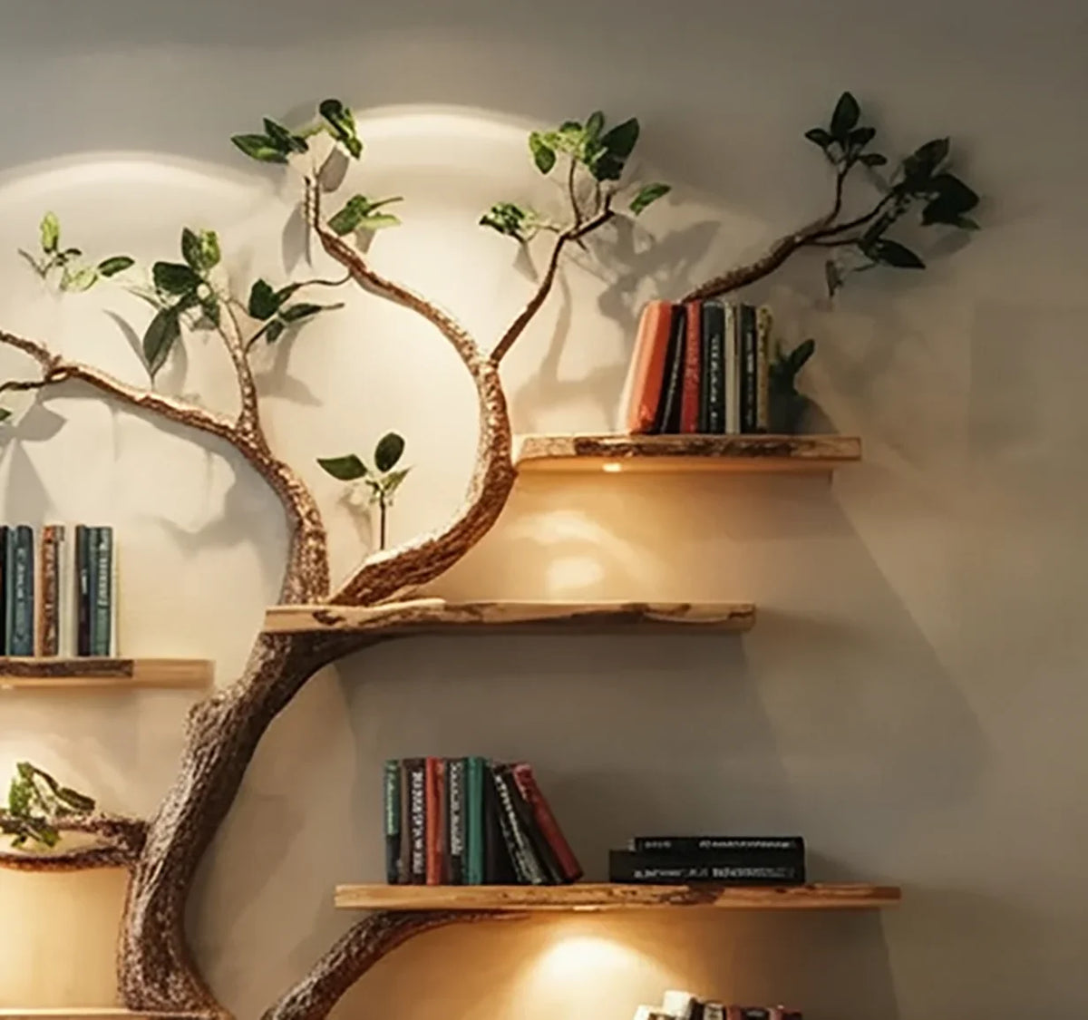 Tree branch bookshelf with green leaves and books on wall-mounted wooden shelves