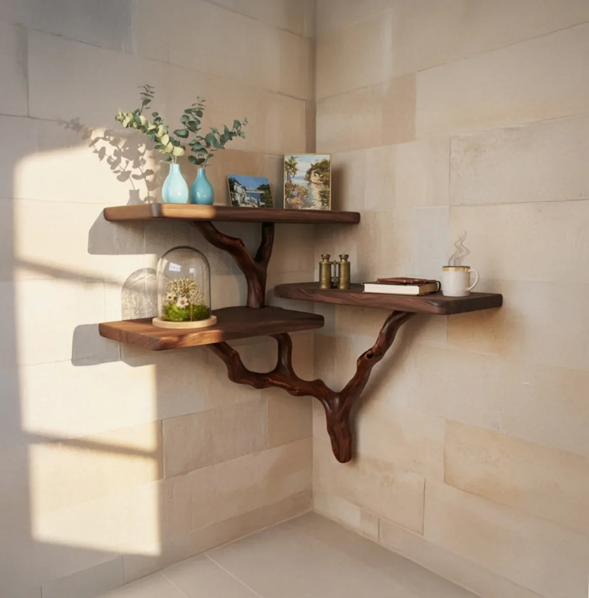 Live edge floating corner shelves with natural wood branch supports, decor items, and books.