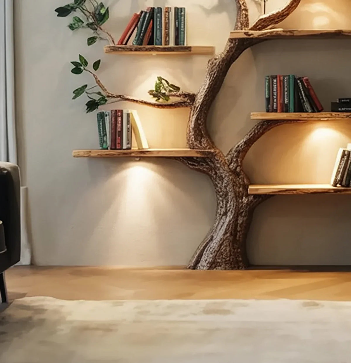 Tree-shaped wooden bookshelf with books and built-in lights in a cozy living room