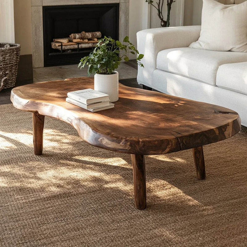 Live edge solid wood coffee table with books and plant in a cozy modern living room