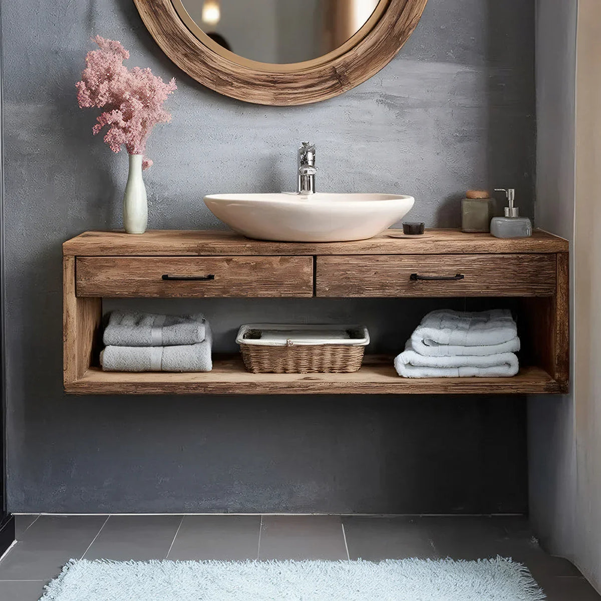 Solid wood floating bathroom vanity with round mirror, vessel sink, towels and decor
