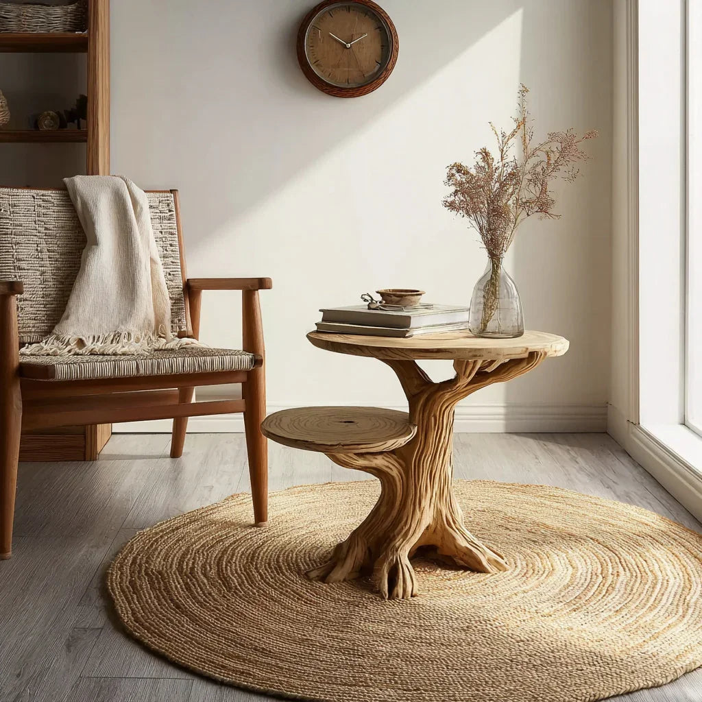 Sustainably crafted live edge wood side table with tree trunk design, styled in a cozy sunlit room.