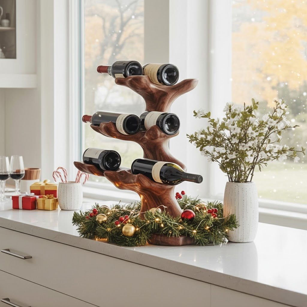 Wooden wine rack with six bottles, decorated with Christmas garland and ornaments on white countertop