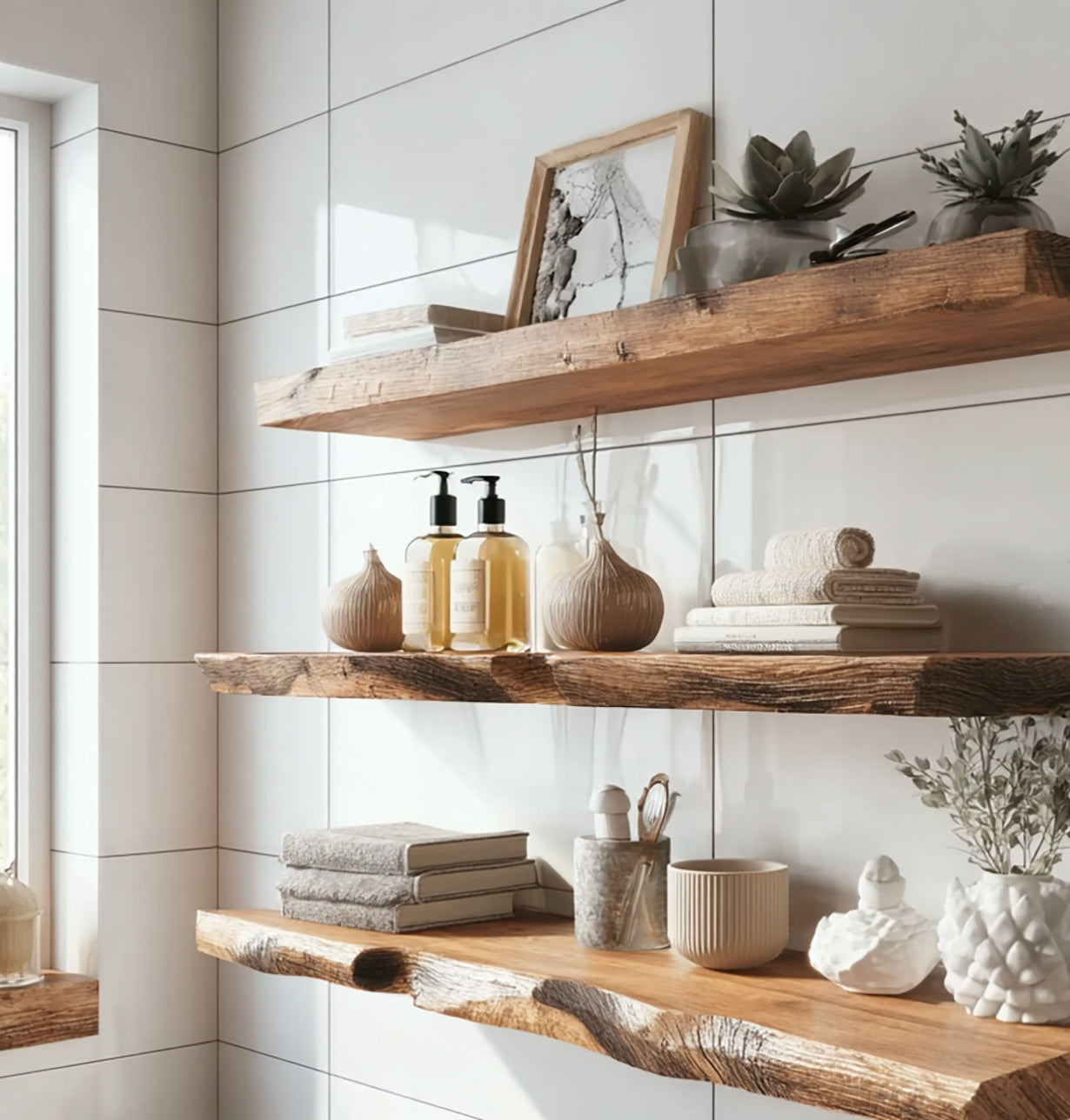 Rustic wooden shelves with skincare bottles, towels, decorative jars, plants, and a framed artwork on white tile wall
