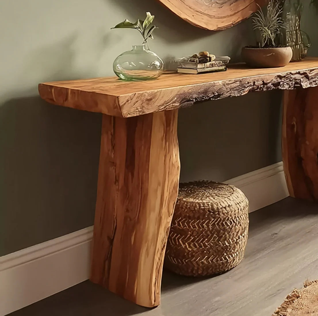 Live edge wooden console table with glass vase, books, potted plant, and woven stool on hardwood floor