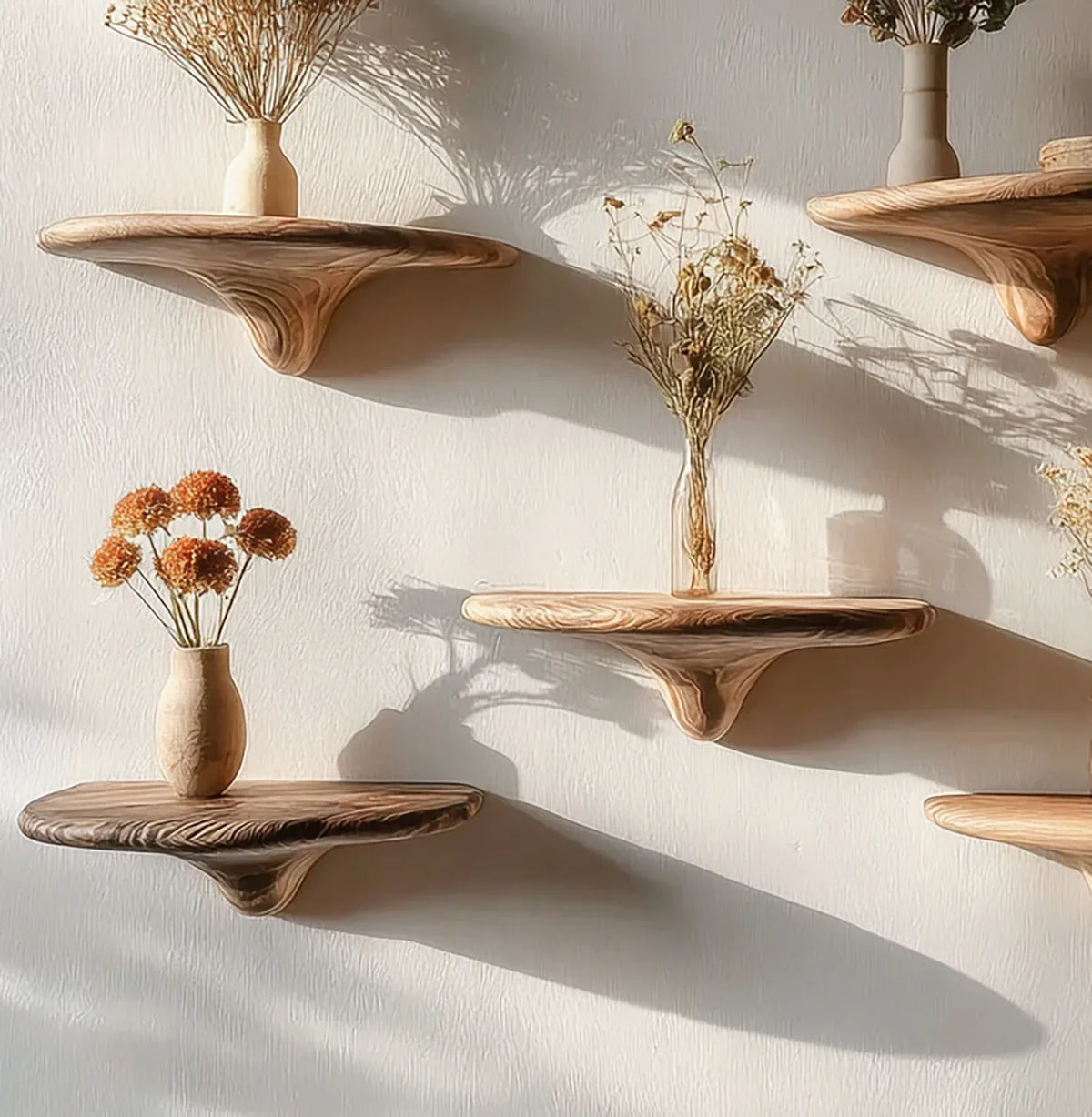 Solid wood floating shelves with vases of dried flowers mounted on a light wall