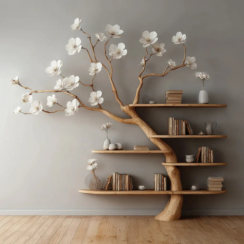 Live edge tree bookshelf with blooming flower accents, solid wood shelves holding books and vases.