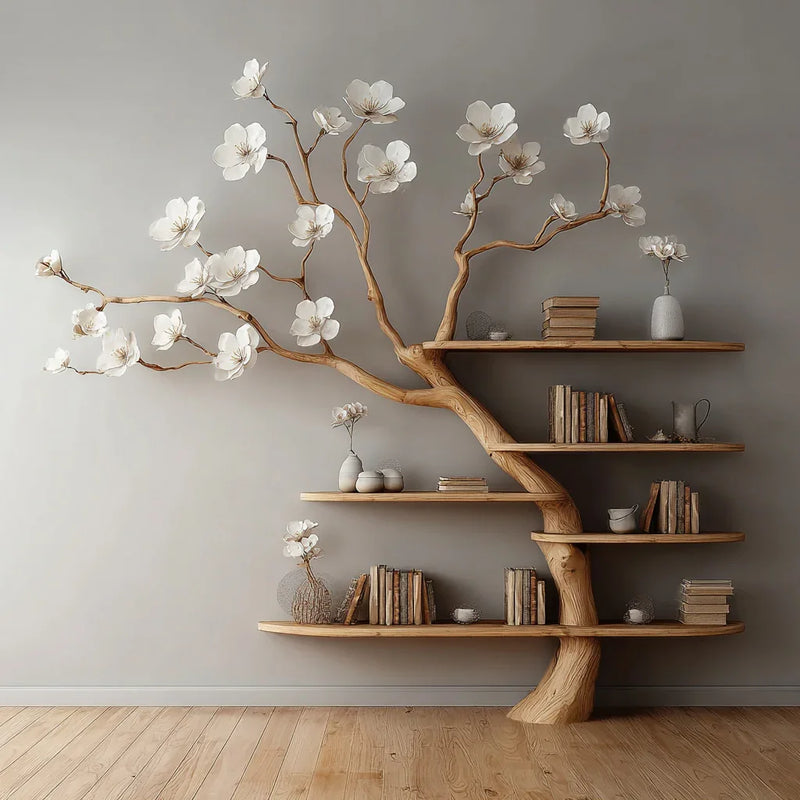 Live edge tree bookshelf with blooming flower accents, solid wood shelves holding books and vases.
