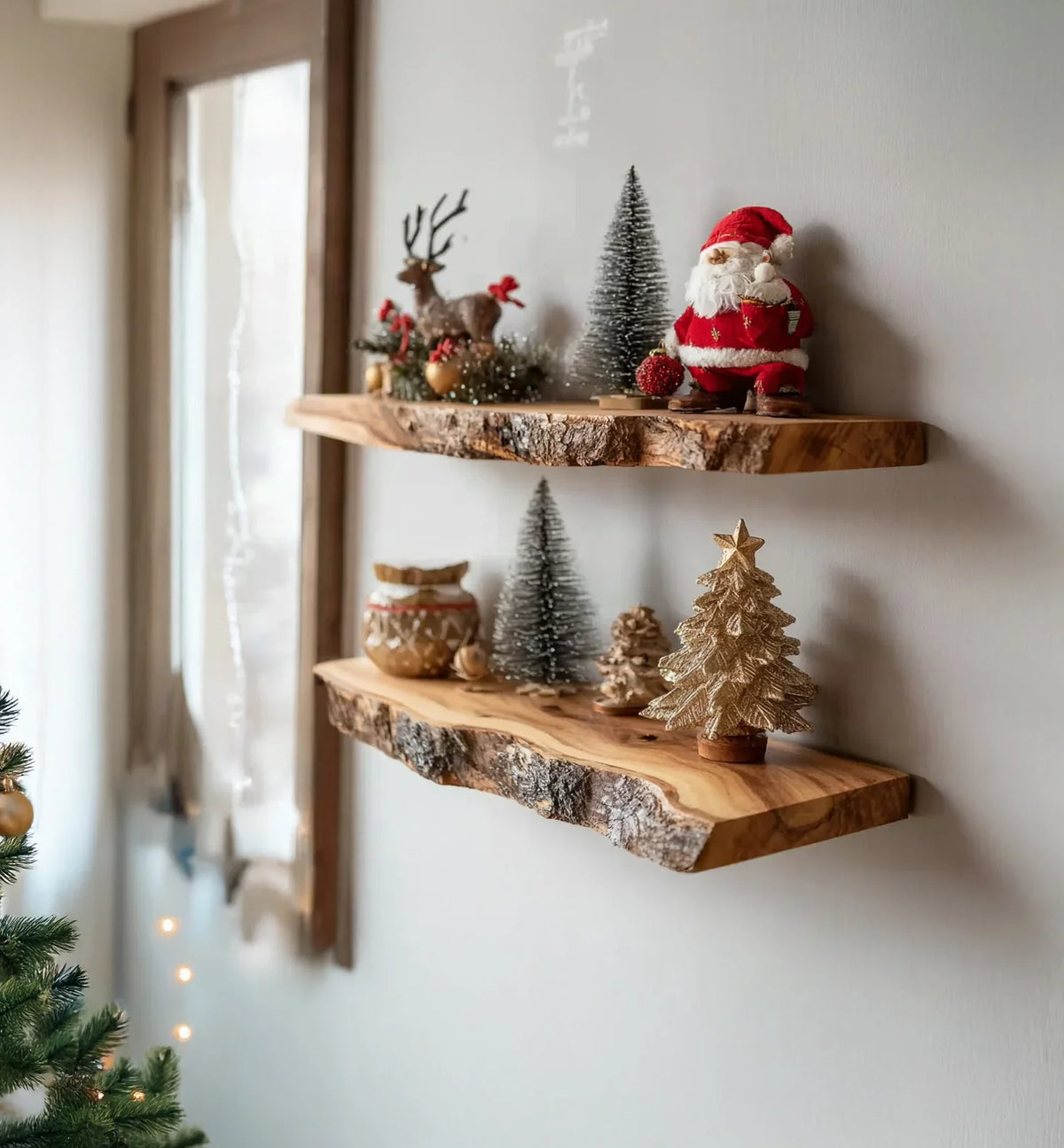 Rustic wooden floating shelves decorated with Christmas figurines including Santa, reindeer, trees, and holiday ornaments