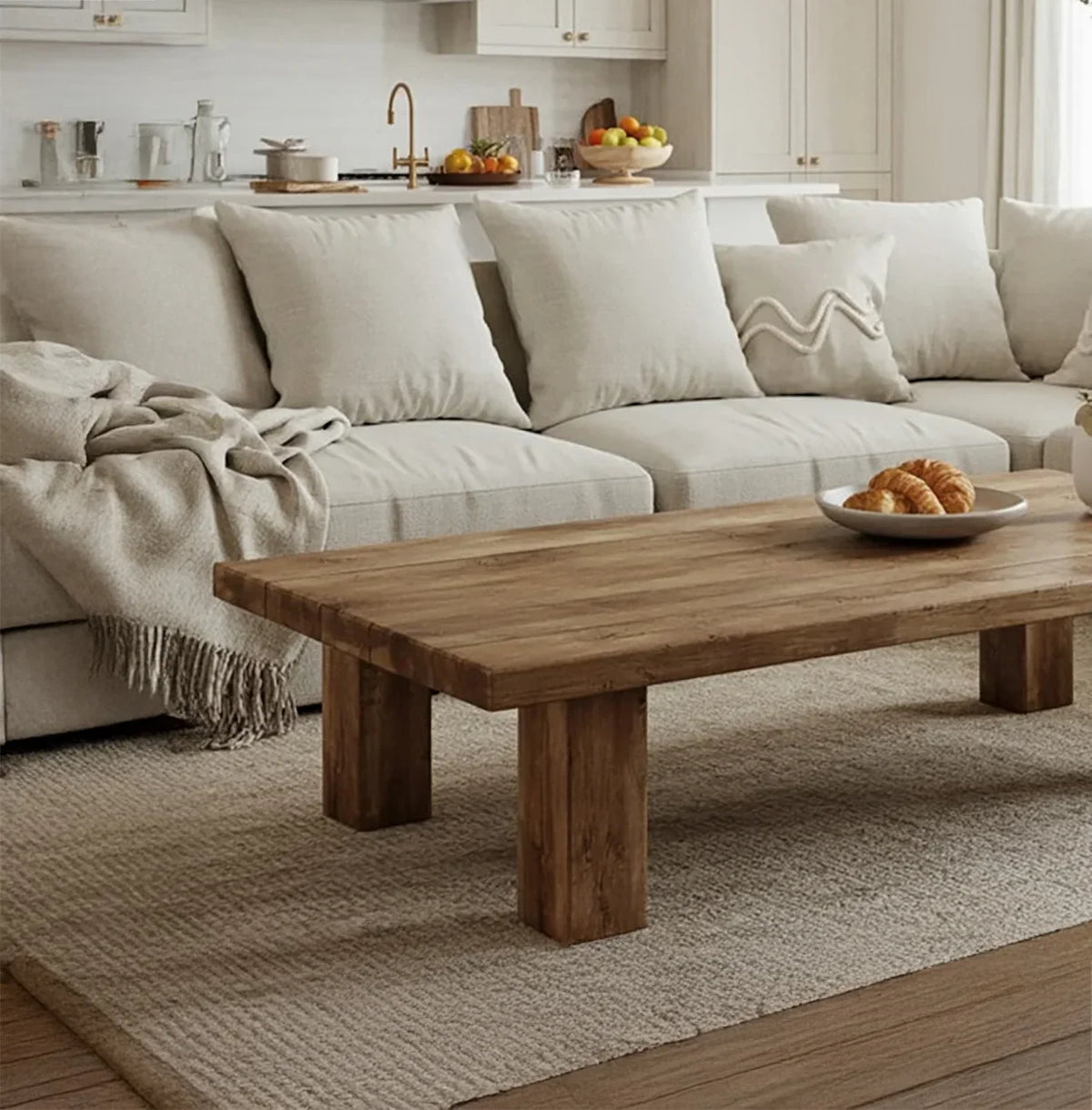 Cozy beige sectional sofa with textured pillows and throw blanket, wooden coffee table, and neutral rug in modern living room