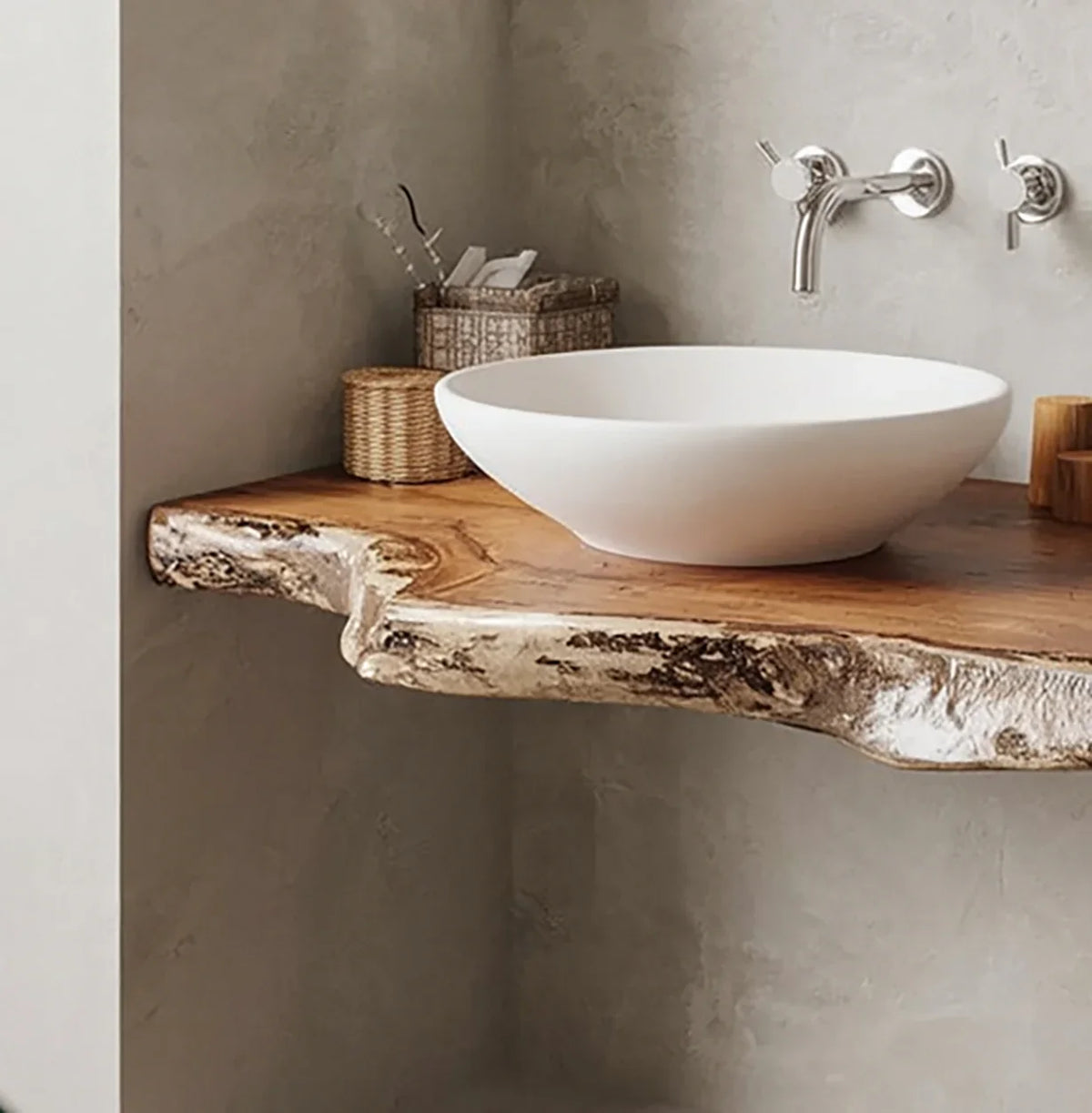 Live edge solid wood floating bathroom vanity with white vessel sink and wall-mounted faucet