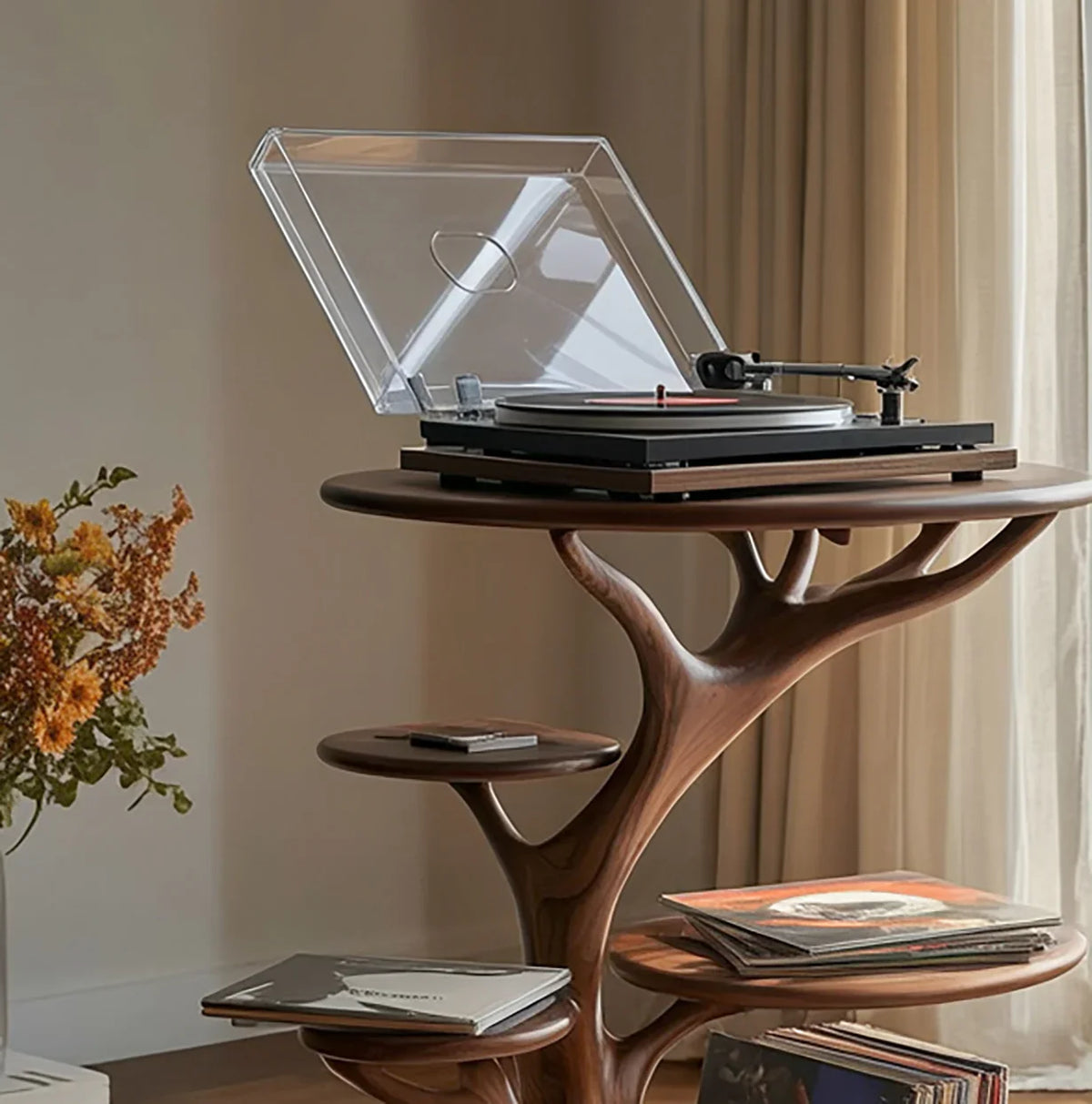 Solid wood tree bookshelf with vinyl records and turntable in a sunlit modern living room