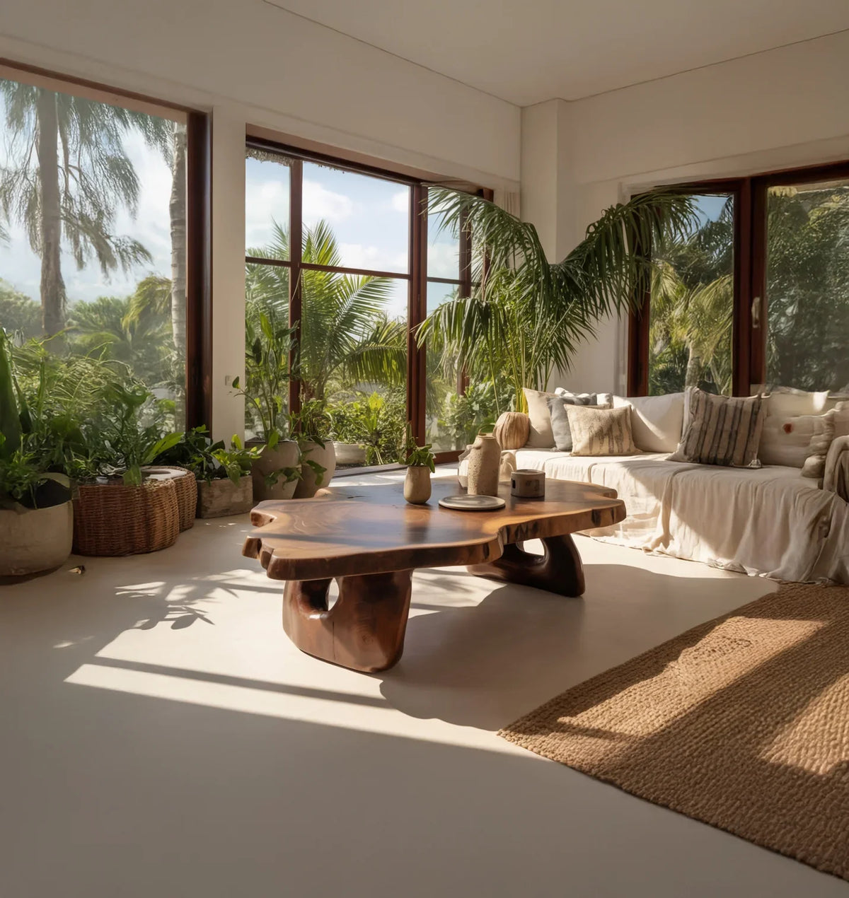 Sunlit living room with large windows, tropical plants, wooden coffee table and beige sofa with cushions