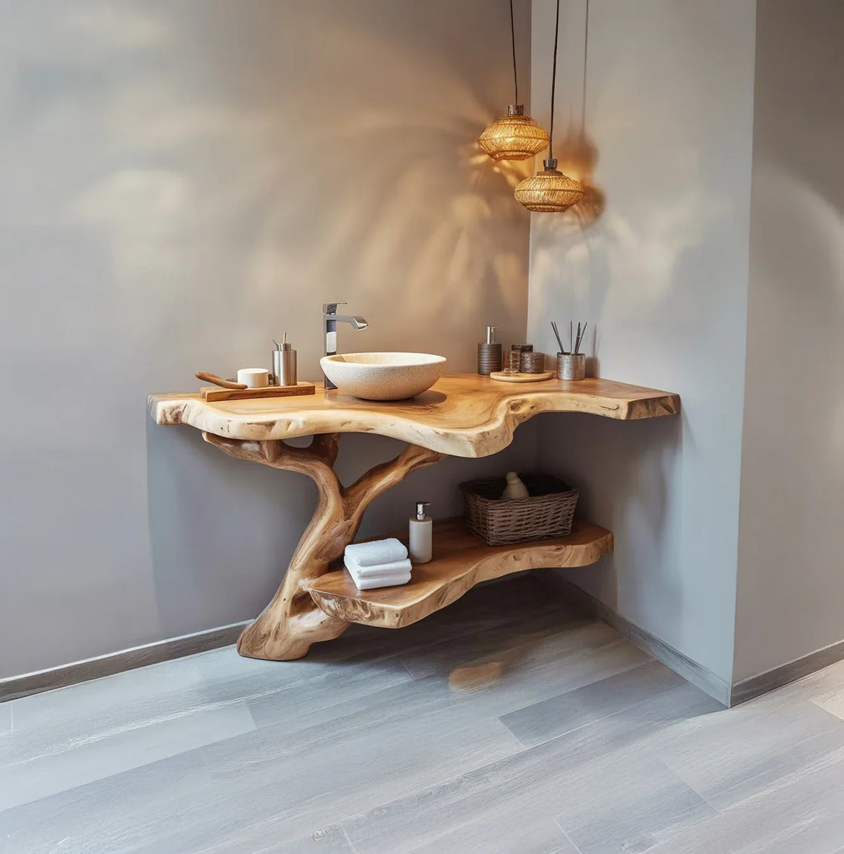Live edge solid wood bathroom vanity with vessel sink and organic shelving in modern setting