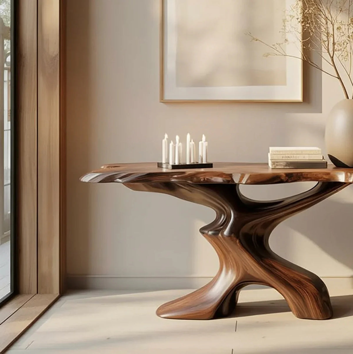 Modern wooden sculptural table with white candles and books in a minimalist beige room