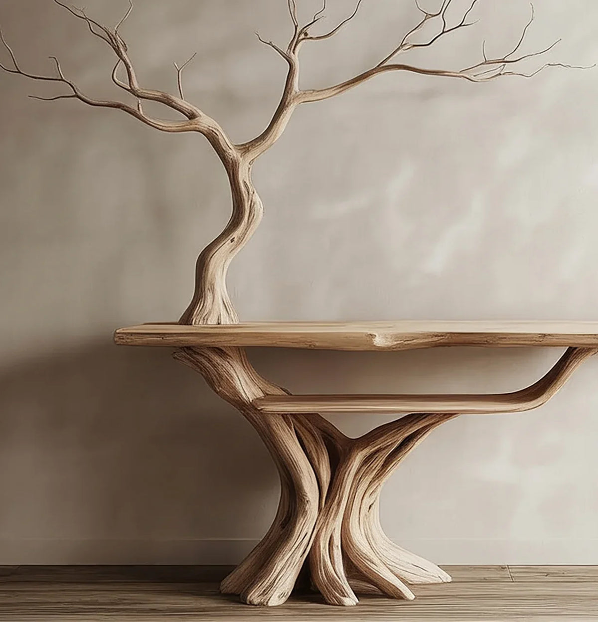 Live edge solid wood table with sculpted tree trunk base and branches, modern rustic furniture