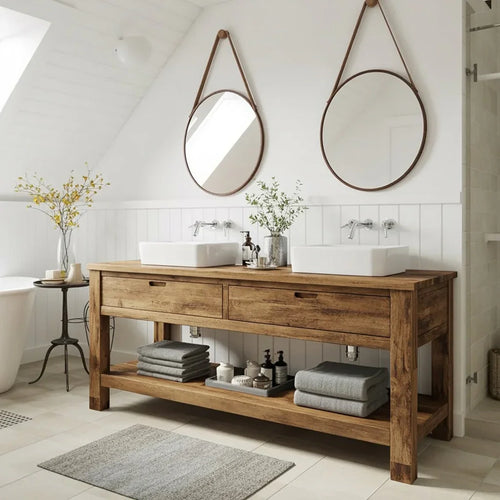 Rustic Reclaimed Wood Bathroom Vanity with Drawers – Farmhouse Double Sink