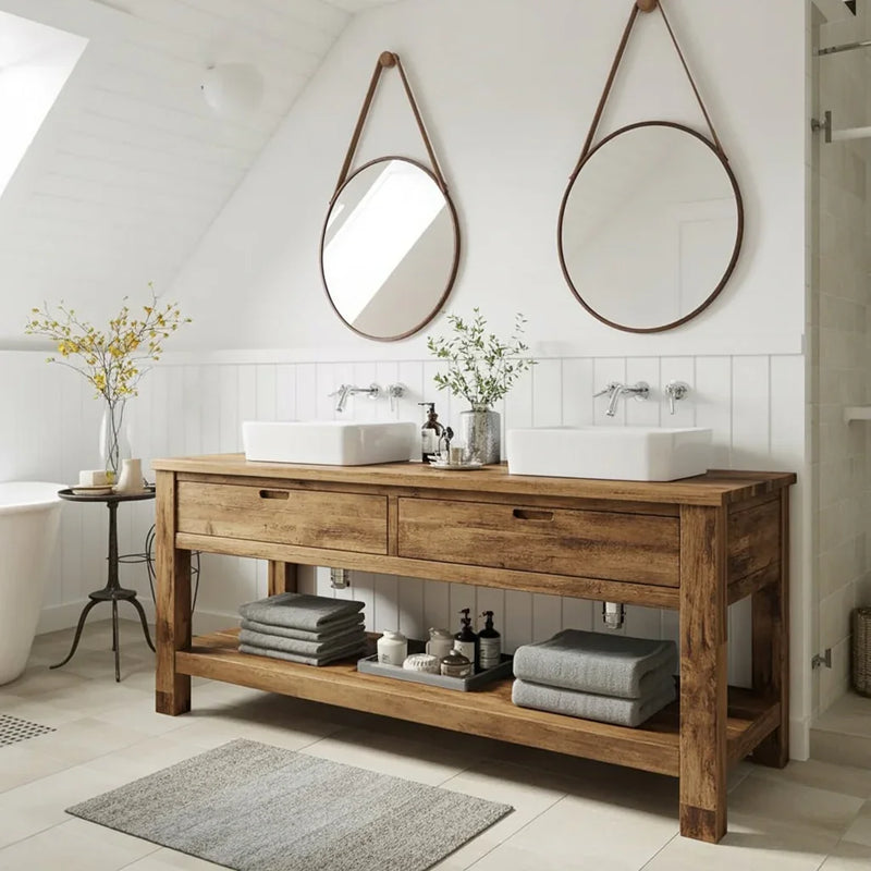 Modern bathroom with wooden double sink vanity, round hanging mirrors, and neutral decor
