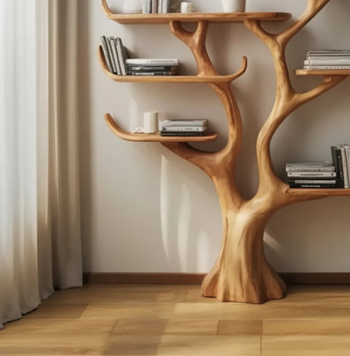 Solid wood tree bookshelf with books and decor against a light wall and wood floor