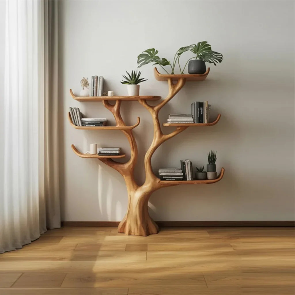 Tree-shaped solid wood bookshelf with books and potted plants in a modern living room.