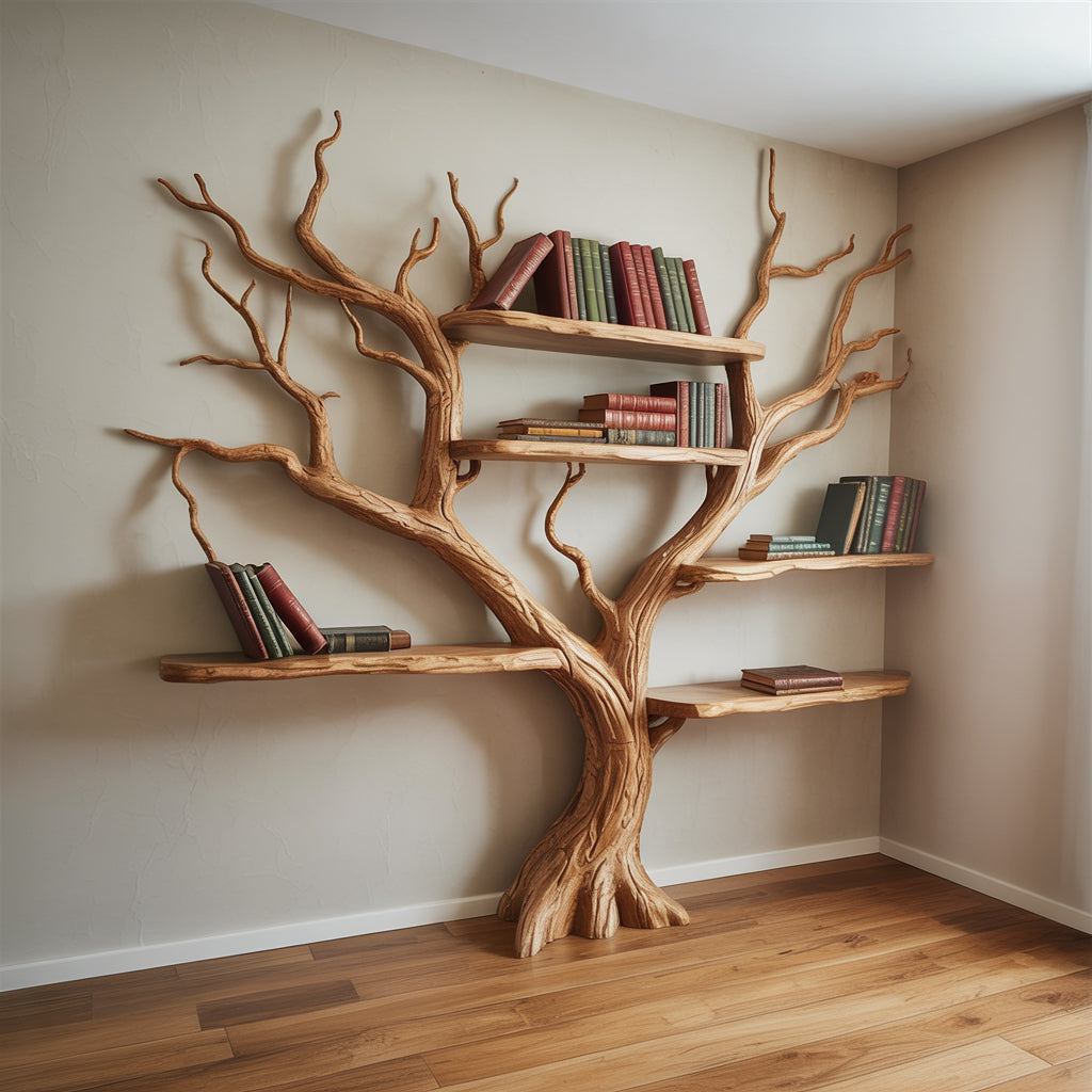 Finished handcrafted tree bookshelf showing quality craftsmanship