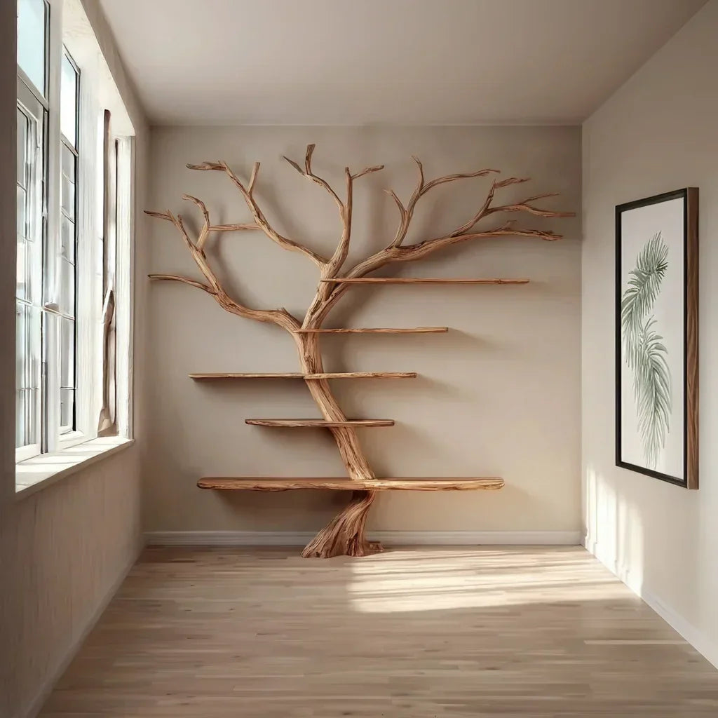 Live edge tree bookshelf with wooden shelves on a light wall in a sunlit modern room