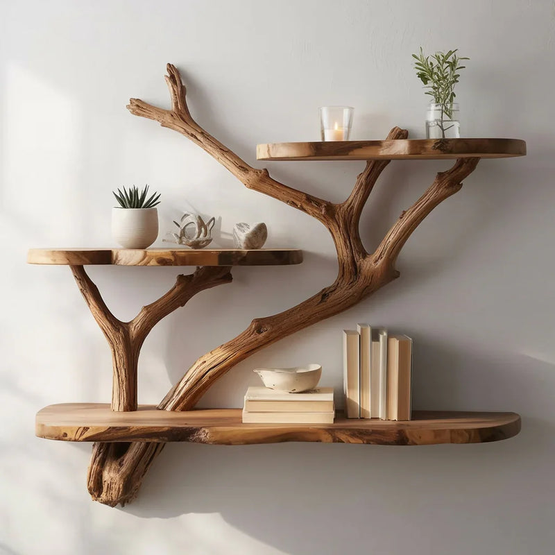 Live edge solid wood tree bookshelf with floating shelves, eco-friendly wall decor