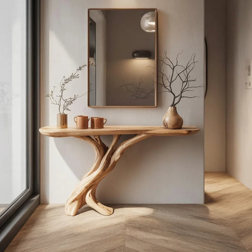 Rustic Driftwood-Style Entryway Console Table – Solid Wood Sculptural Base