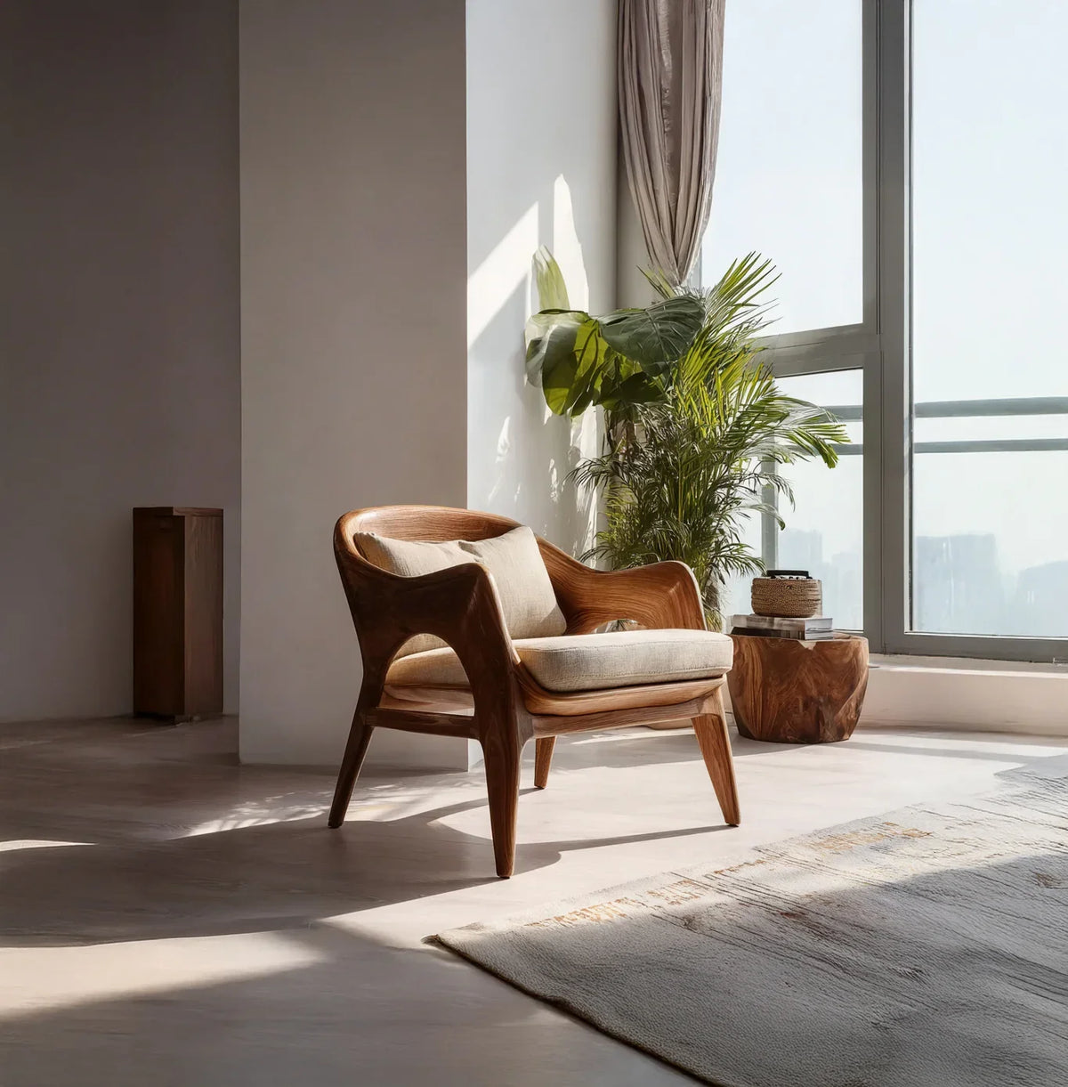 Modern solid wood armchair with beige cushion in sunlit living room, next to large window and indoor plants