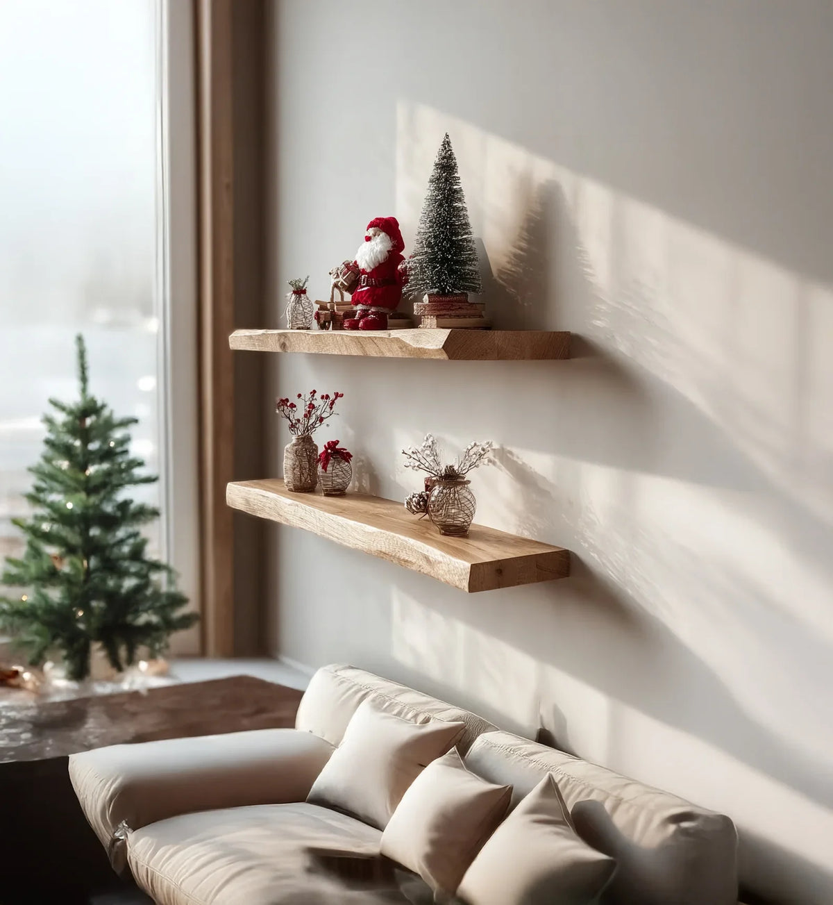 Cozy living room with wooden floating shelves decorated with Christmas ornaments and a small Christmas tree near window