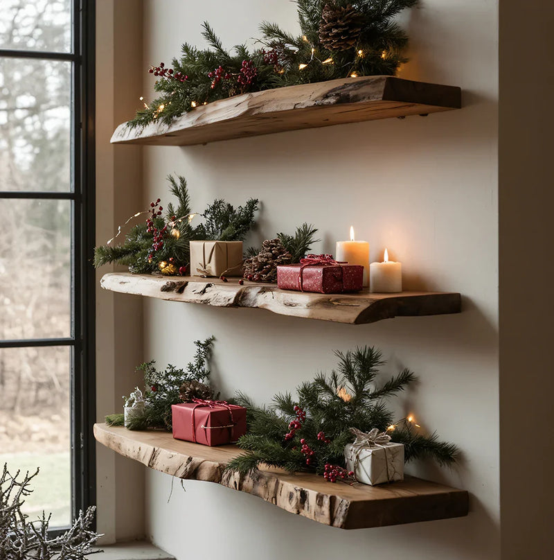 Three rustic wooden shelves decorated with Christmas greenery, red berries, fairy lights, candles, and wrapped gifts