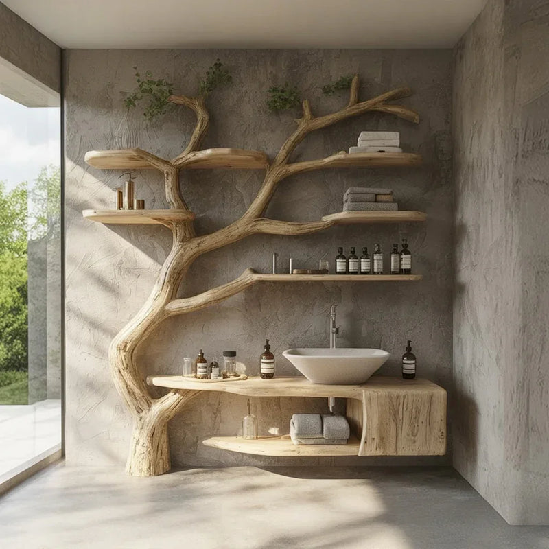 Eco-friendly bathroom with unique wooden tree-branch shelves and modern sink against textured gray wall