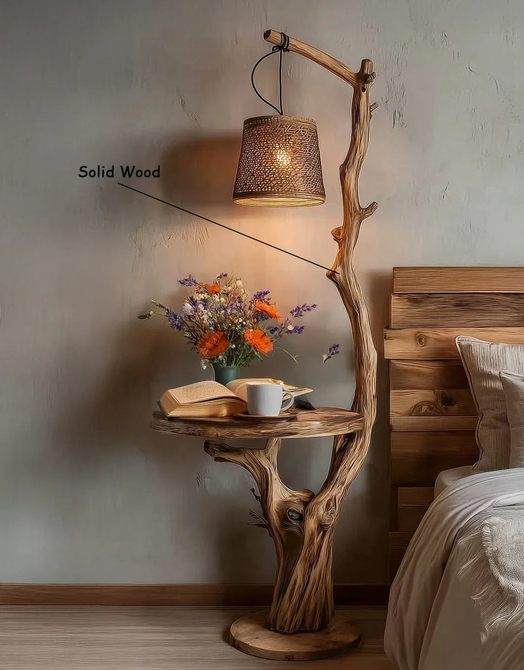 Solid wood live edge side table with built-in lamp, flowers, book, and coffee beside a bed