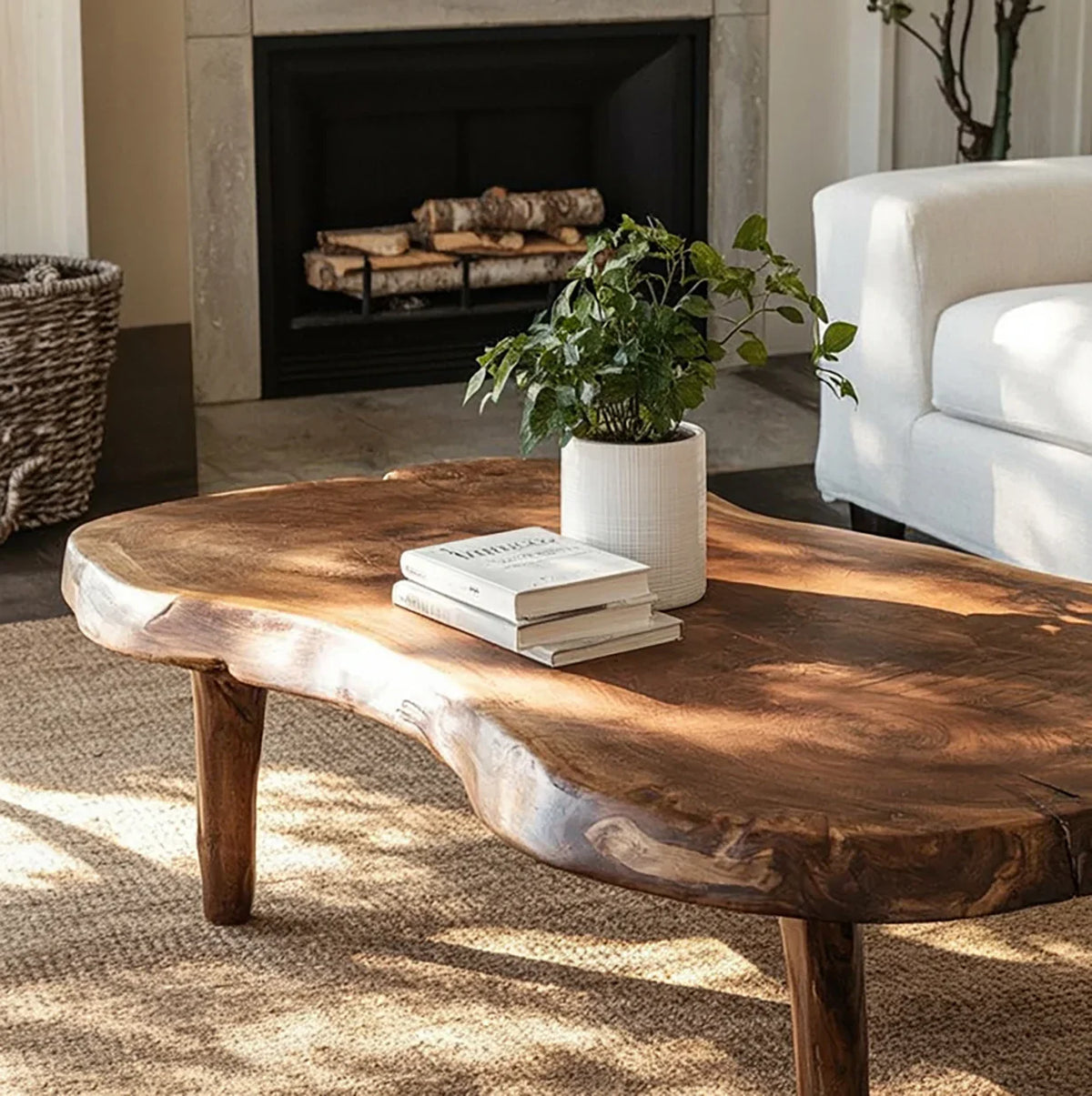 Solid wood live edge coffee table with plant and books in cozy living room setting