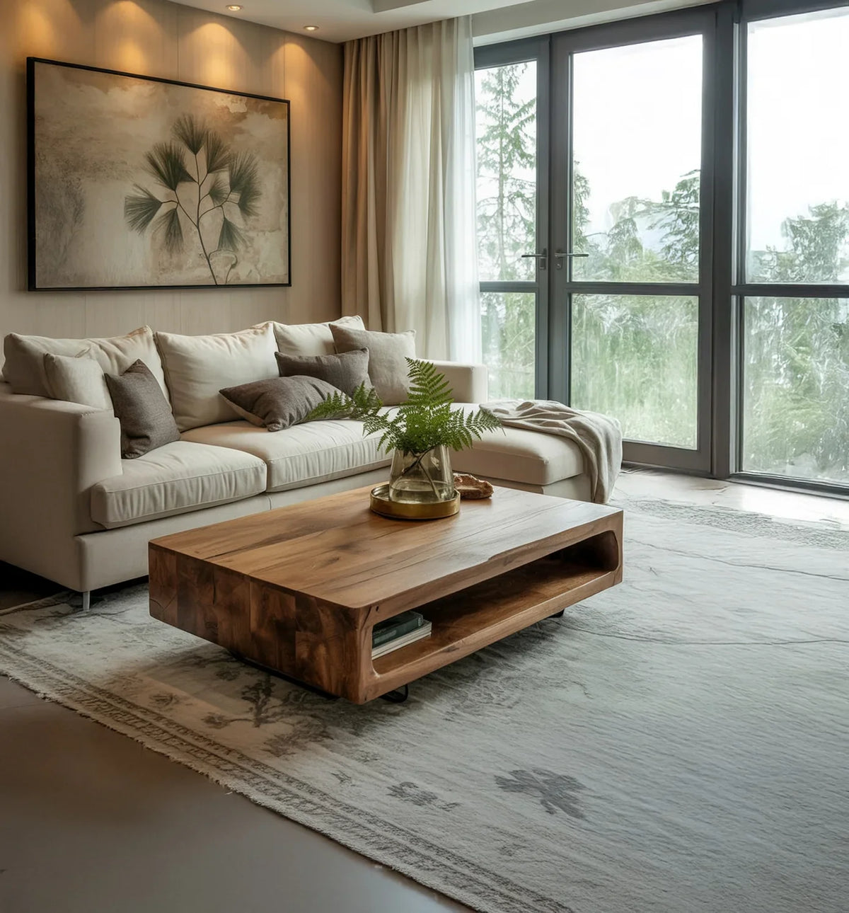 Modern living room with cream sofa, wooden coffee table, large artwork, and floor-to-ceiling windows