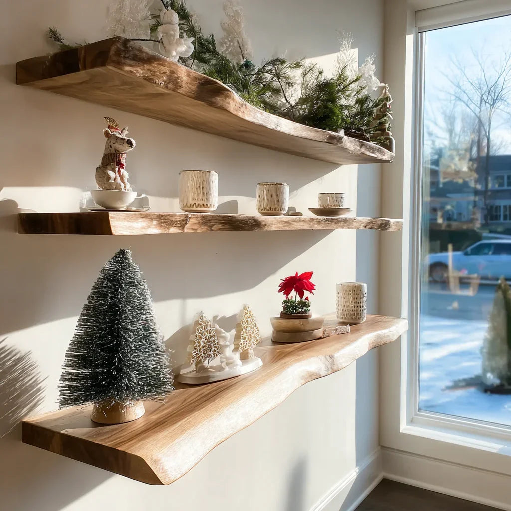 Live edge floating wood shelves with holiday decor and natural sunlight by a window