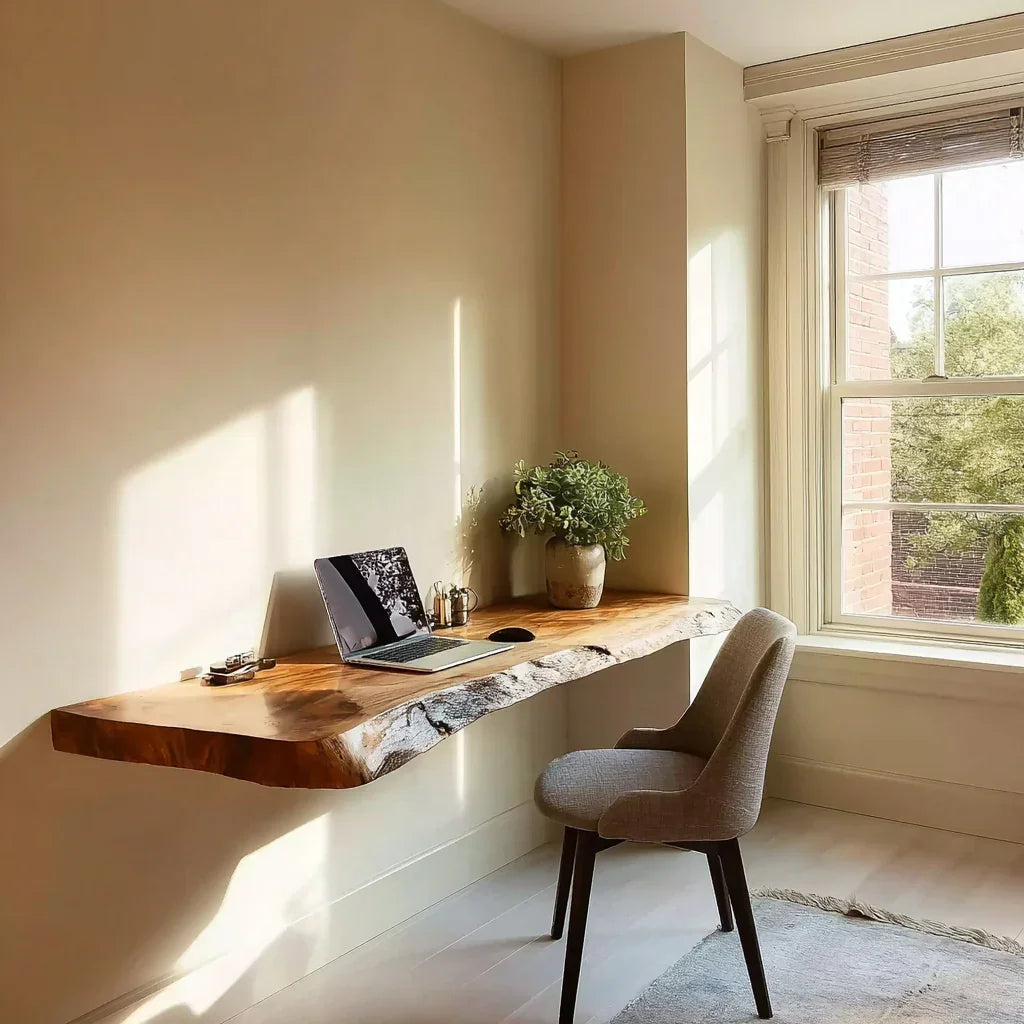Minimal home office with floating live edge wood desk, upholstered chair, and laptop by window