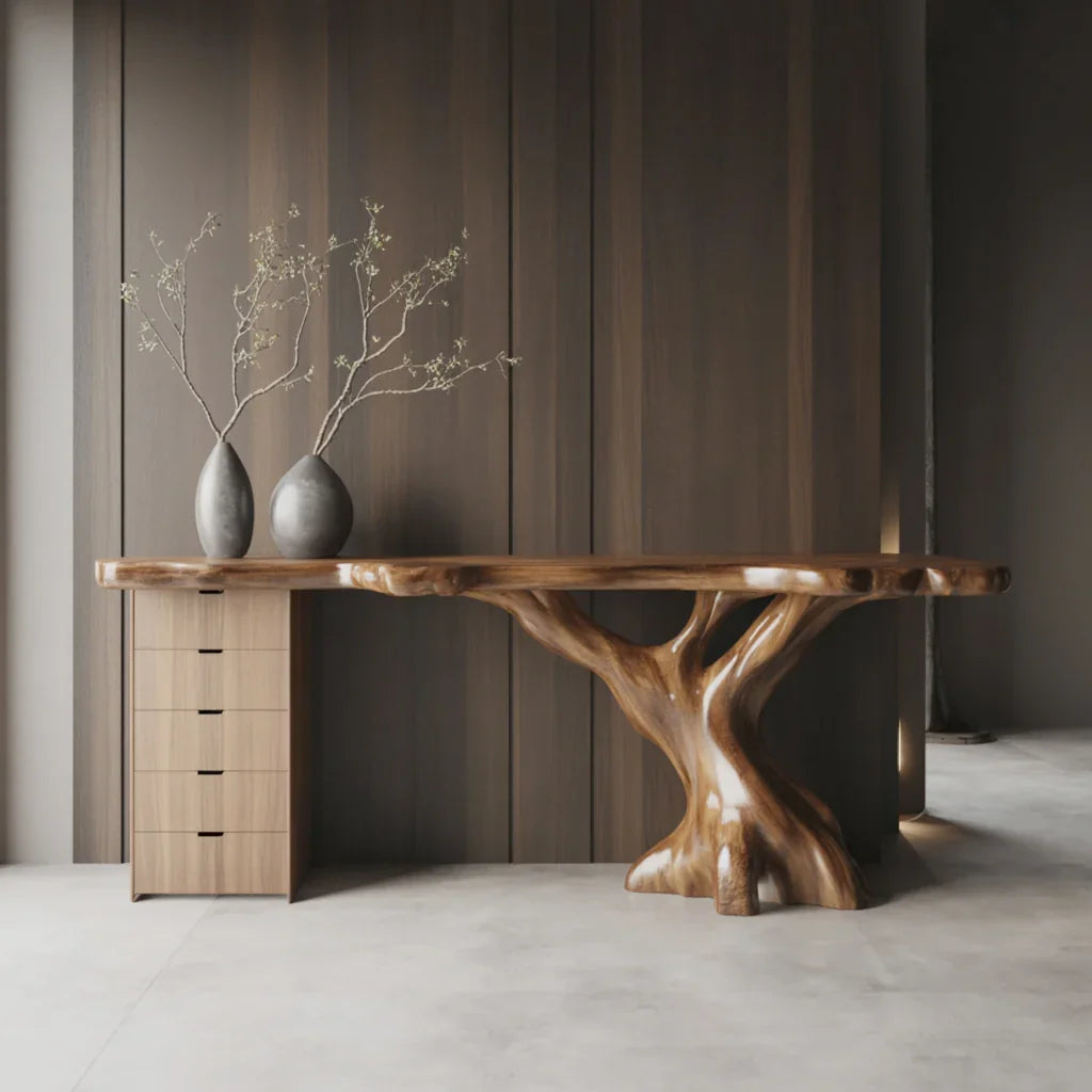 Sustainably crafted live edge solid wood desk with tree-style base and minimal decor vases.