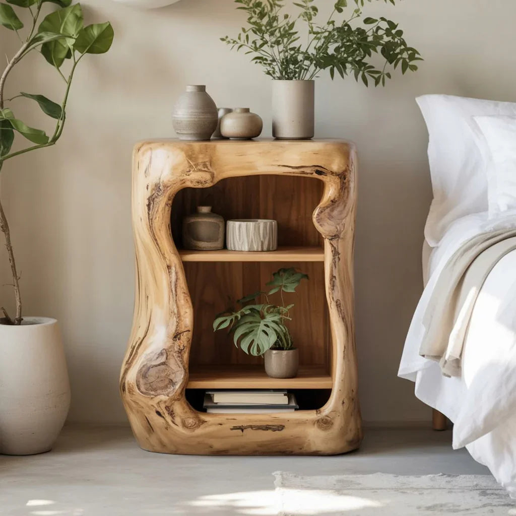 Live edge solid wood nightstand with open shelves, potted plant, and ceramic decor