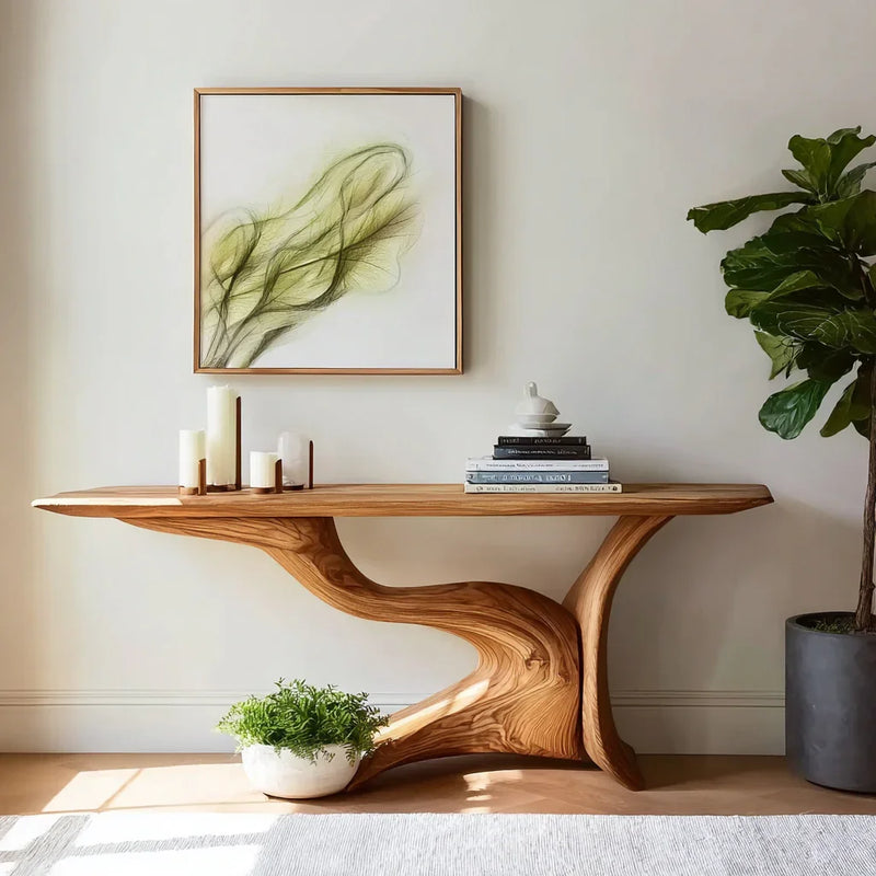 Sculptural live edge wood console table in modern living room with candles, books, and green plants.