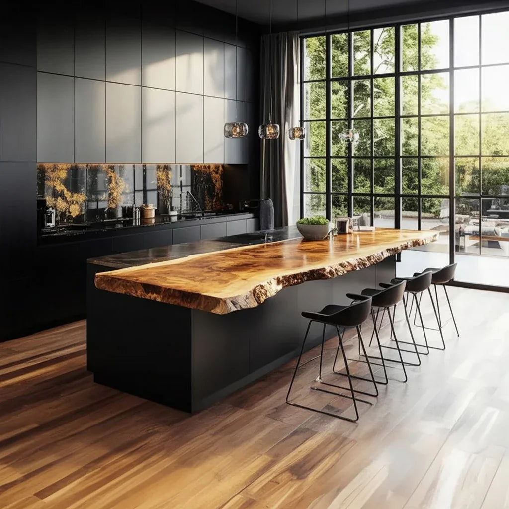 Modern kitchen with large live edge wood island, black cabinets, and floor-to-ceiling windows